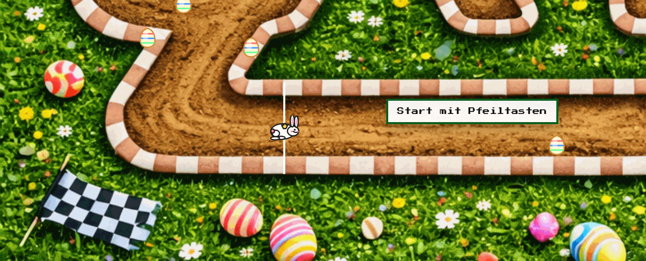 Screenshot des Pixel Racer Spiels – ein Hase auf einer Rennstrecke im Retro-Pixel-Stil